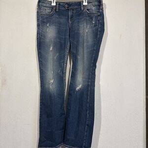 SILVER JEANS Wm's SZ 31 Low Rise Bootcut Distressed Embroidered